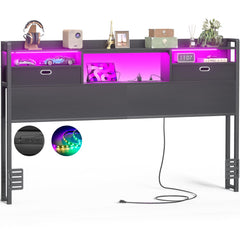 Unikito Queen Headboard with Drawer Storage and LED Light Wood Headboard Only for Queen Size Bed with Power Outlet and Bookcase Sturdy Queen Size Head Board for Bedroom Dorm Room Guest Room Black