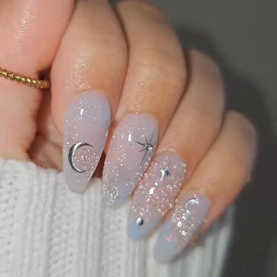 24 Pcs Light Blue Press on Nails Short Almond - YEFIUO Glitter Fake Nails Press ons Nail Art Tips Glue on Nails with Cats Eye French Design Full Cover False Nails Stick on Nails Acrylic Nail Art Kit