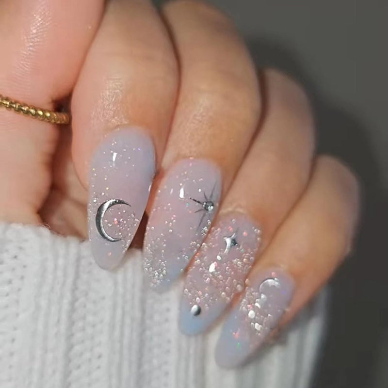 24 Pcs Light Blue Press on Nails Short Almond - YEFIUO Glitter Fake Nails Press ons Nail Art Tips Glue on Nails with Cats Eye French Design Full Cover False Nails Stick on Nails Acrylic Nail Art Kit