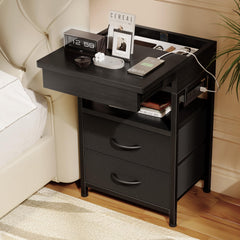 Nightstand Bedside Table Hidden Bedroom - Night Stand with Charging Station and Sliding Top Storage Bed Side Table with 2 Fabric Drawers Modern End Table for Dorm Living Room Black
