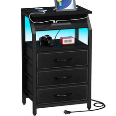 SZLHANJZ End Table with 3 Drawers Nightstand with Charging Station and LED Lights Small Fabric Dresser for Bedside Storage Side Table for Living Room Dorm Black