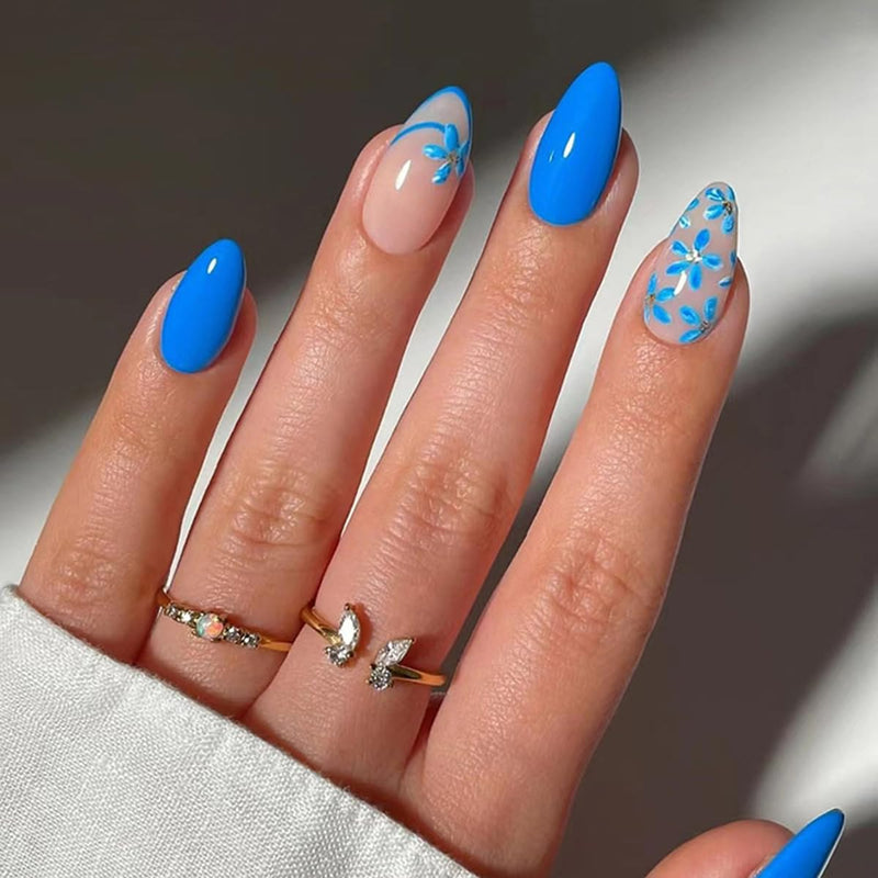 30 Pcs Blue Pink Press on Nails Short Almond - SHANRUN Glitter Extra Short Fake Nails Press ons Nail Art Tips Glue on Nails Full Cover Acrylic False Nails with Cats Eye Flowers Design Stick on Nails