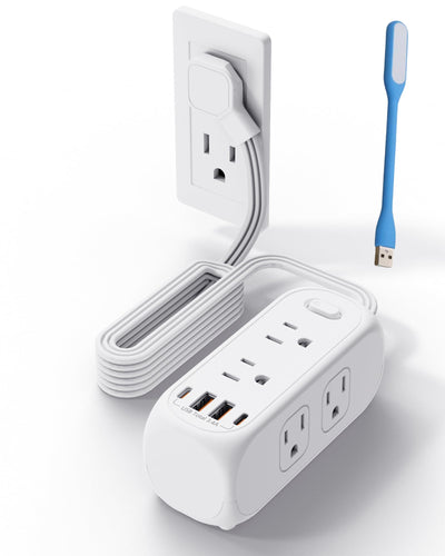 5Ft Extension Cord with Multiple Outlets Flat Plug Power Strip Surge Protector with5 Ft Long Cord6 Outlet 4 USB Ports Multi Outlet for Travel College Dorm Room Essentials，Gift a USB Night Light.