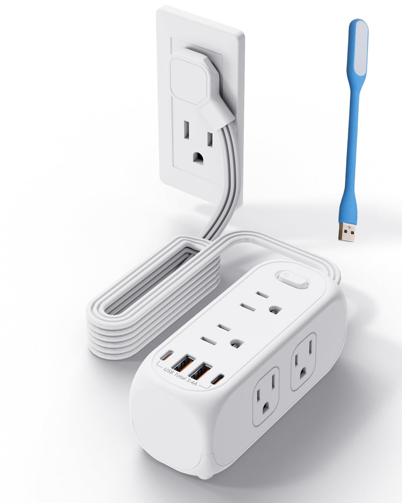 5Ft Extension Cord with Multiple Outlets Flat Plug Power Strip Surge Protector with5 Ft Long Cord6 Outlet 4 USB Ports Multi Outlet for Travel College Dorm Room Essentials，Gift a USB Night Light.