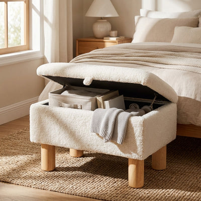 Aibiju Ottoman with Storage Small Ottoman Foot Rest for Couch 16x12x9.5inch Safety Hinge Flip Top Foot Stool Ottoman Load up to 330lb for Living Room Dorm Teddy White YD-JD136W