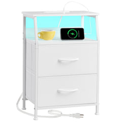 Somdot White Nightstand with Charging Station and LED Light for Bedroom 2 Drawers Dresser with Fabric Bins for Bedside Kids Dorm Room Closet Laundry Entryway White Leather