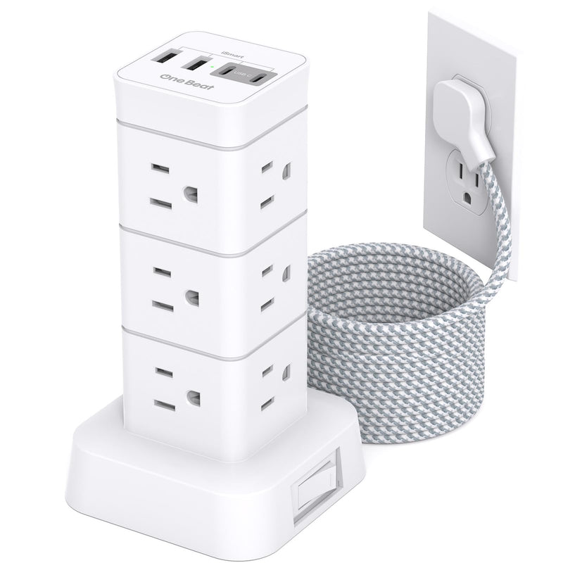 10Ft Surge Protector Power Strip Tower 12 Outlets 4 USB (2 USB C) Desktop Charging Station for Multiple Devices Flat Plug Extension Cord with Multiple Outlets Home Office College Dorm Essentials