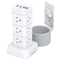 10Ft Surge Protector Power Strip Tower 12 Outlets 4 USB (2 USB C) Desktop Charging Station for Multiple Devices Flat Plug Extension Cord with Multiple Outlets Home Office College Dorm Essentials