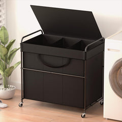 YKDIRECT 180L Large Laundry Hamper 3 Compartment Laundry Basket with Lid Removable Bag & Metal Structure with Industrial Wheels Suitable for Bathroom Dorm Room Laundry Room (Black 180L)