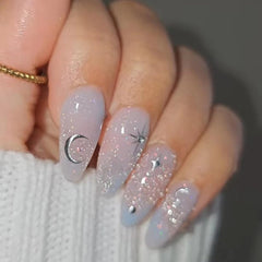 24 Pcs Light Blue Press on Nails Short Almond - YEFIUO Glitter Fake Nails Press ons Nail Art Tips Glue on Nails with Cats Eye French Design Full Cover False Nails Stick on Nails Acrylic Nail Art Kit